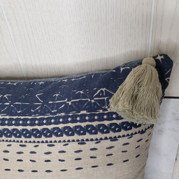 Carol& Frank blue and cream tassel striped printed decorative throw pillow 18X18 - Picture 7 of 8